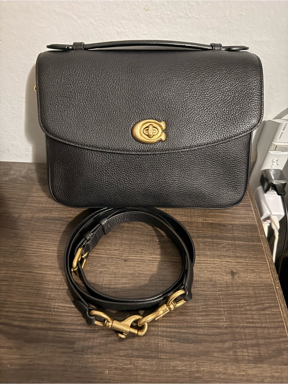 Coach Black Leather Turnlock Crossbody with Gold Hardware
